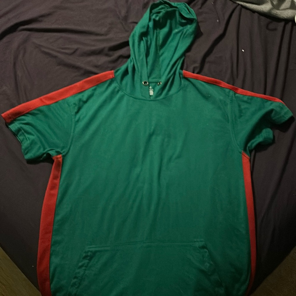 green with red stripes t shirt with a hoodie